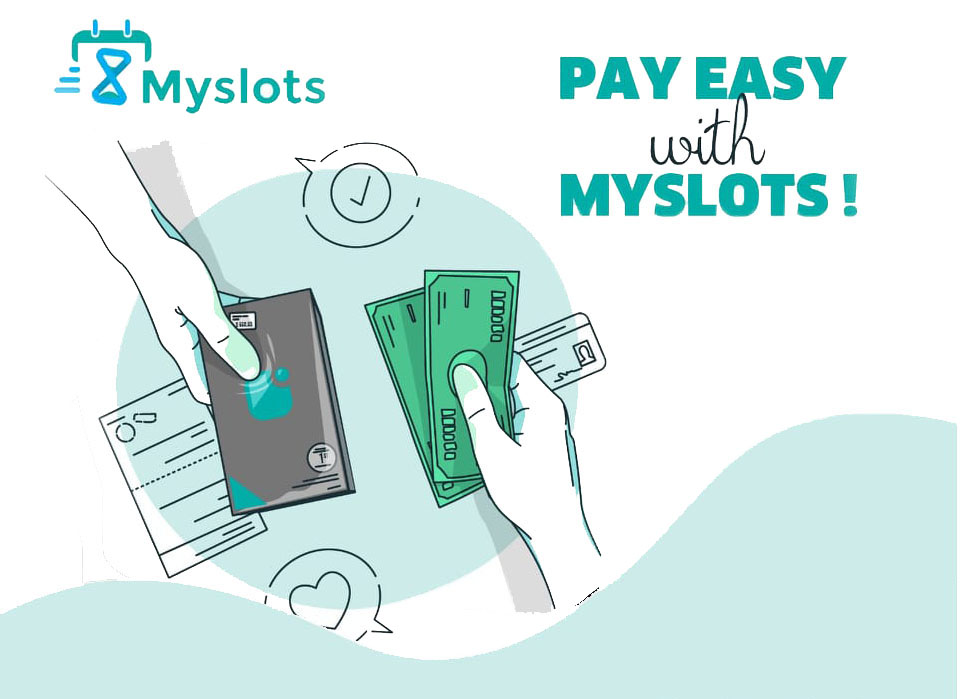 Artwork featuring colorful abstract shapes and the text 'Pay easy with Myslots