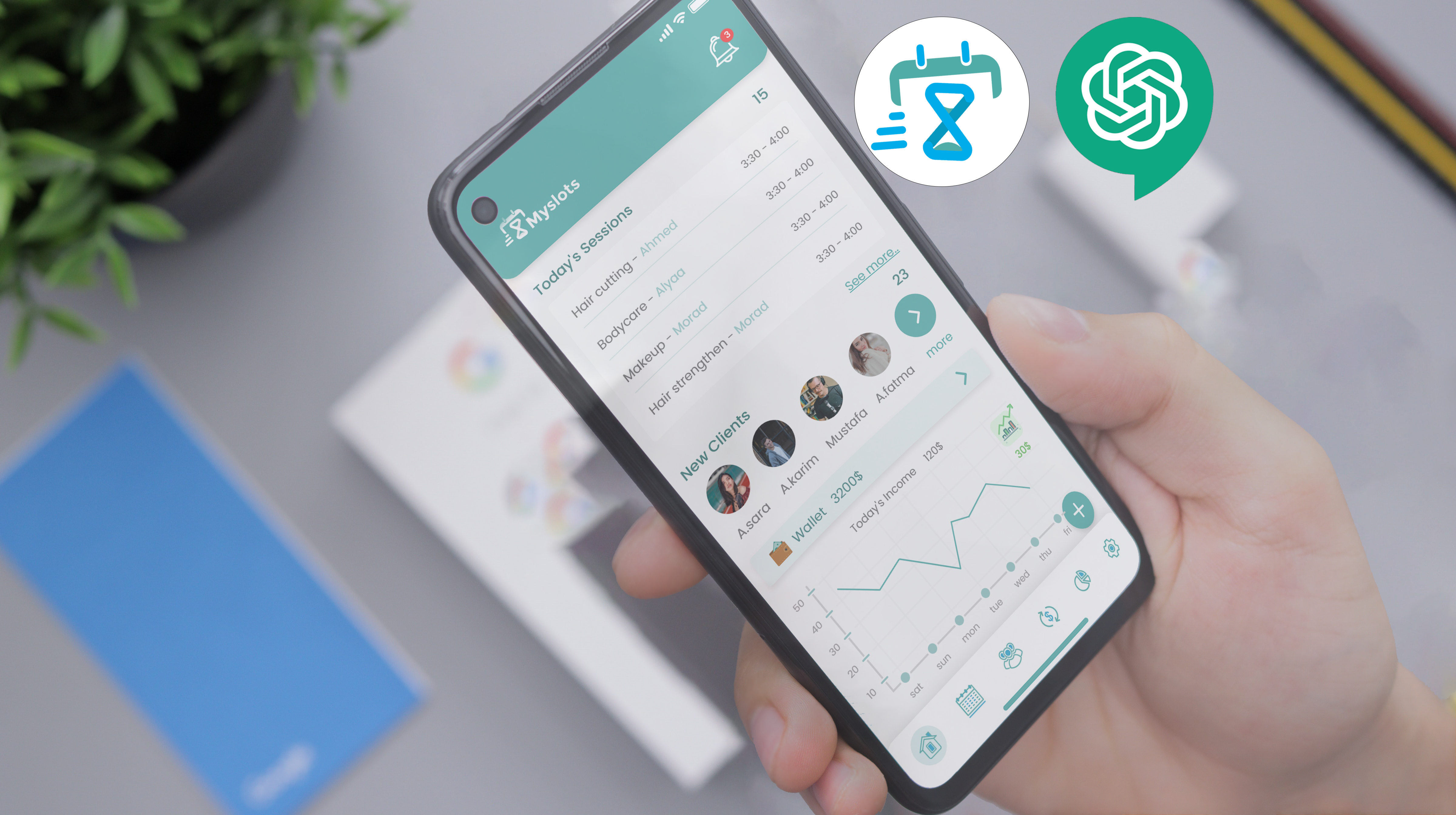 A hand holding a mobile phone displaying the Myslots Scheduling App homepage, with the logos of Chat GPT and Myslots visible on the screen
