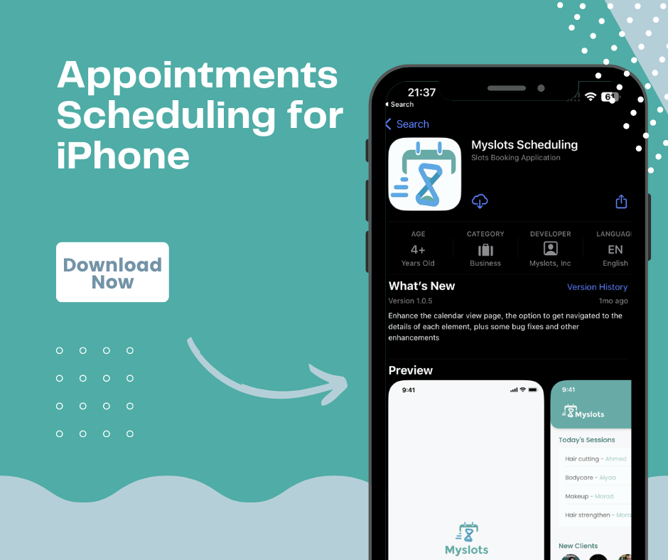 A screenshot of Myslots Scheduling App listing page on the App Store, showing the app icon, name, rating, and description