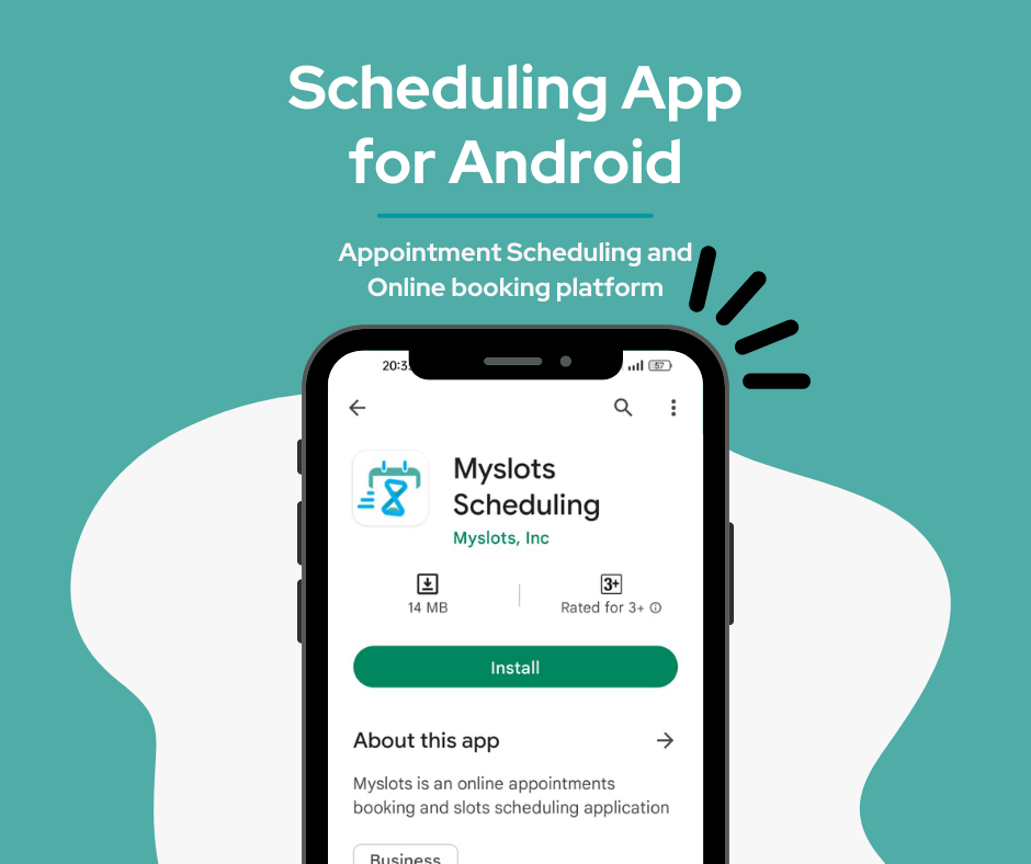 A screenshot of Myslots scheduling app listing page on Google Play Store, showing the app icon, name, rating, and description