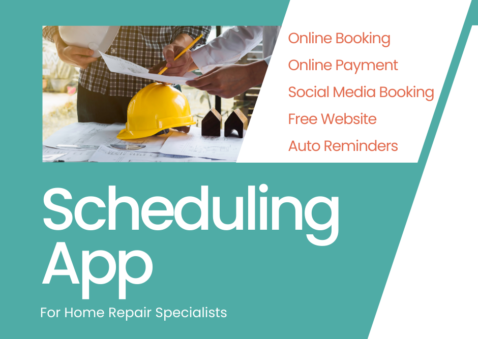 A photo of a home repair specialist smiling and holding a tool, with a text that says “Myslots Scheduling Software - The ultimate online booking and payment system for home repair specialists”