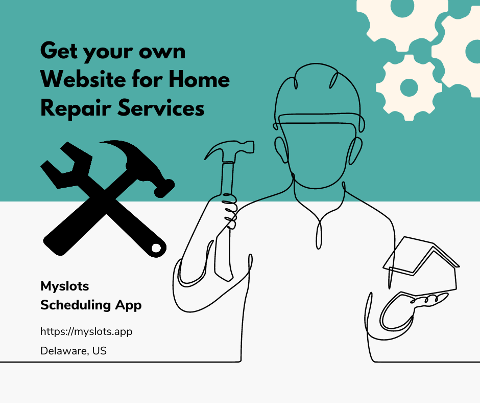 A cartoon illustration of a plumber holding a wrench and smiling, with a text that says “Myslots Scheduling App - Get a free website for your home repair business