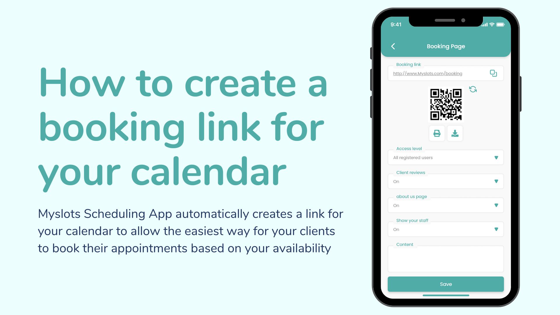 A mobile device showing the booking page of Myslots scheduling app that create booking link for you calendar with a QR code