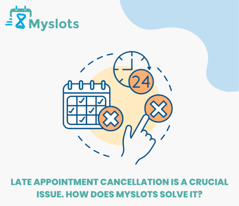 A vector image of a calendar, a clock, a hand and some cancelled icons with the logo of Myslots and the phrase “Late appointment cancellation is a crucial issue. How does Myslots solve it?