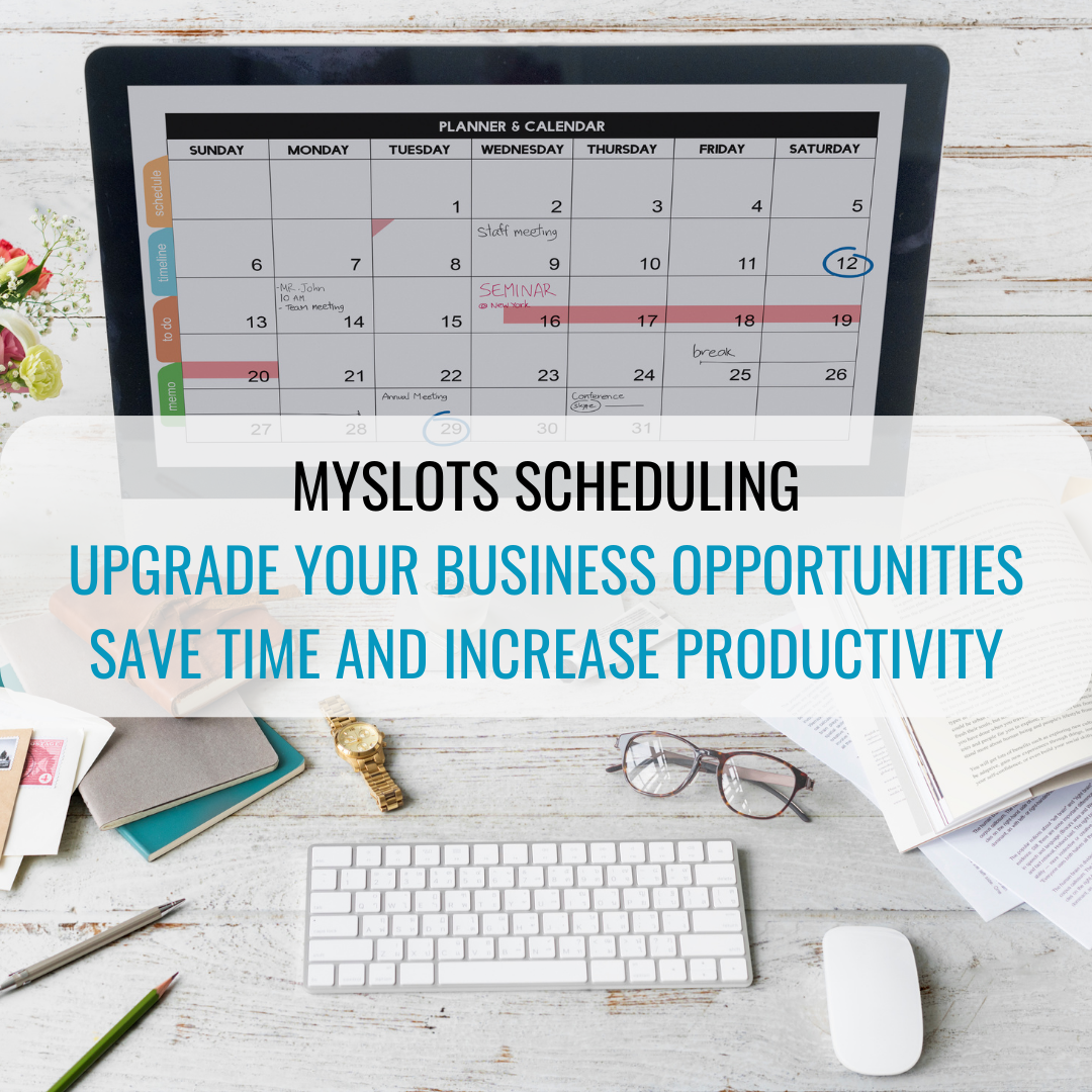 A screenshot of Myslots Booking App showing a calendar with different booked appointments and events