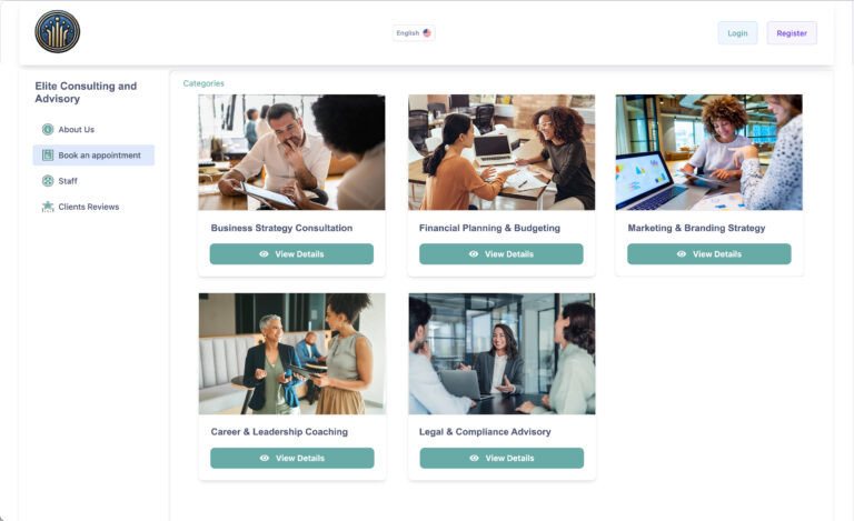 Consultation business online booking platform showcasing appointment categories and scheduling options using the consultation scheduling software
