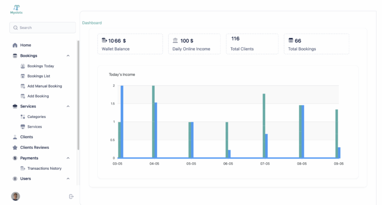 Overview of the web dashboard in Myslots showing sessions, clients, and stats