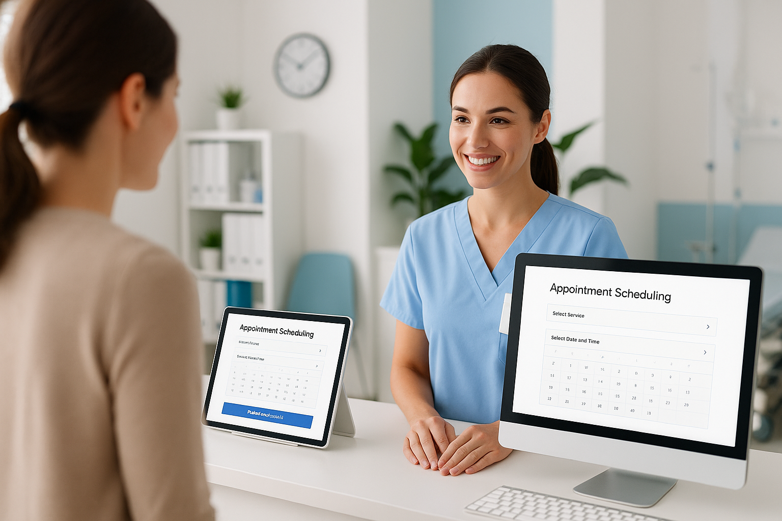 Smiling clinic receptionist assisting a patient, with computer and tablet screens showing an online appointment scheduling interface.