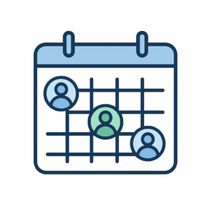Calendar icon with multiple user avatars, representing scheduling for multiple doctors