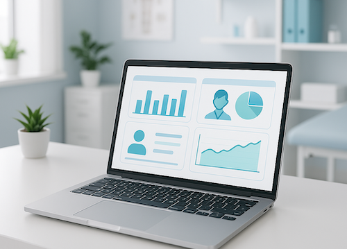 Laptop on a clinic desk displaying analytics dashboards with charts, graphs, and patient insights.