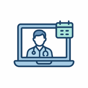 Laptop icon with a doctor’s avatar and a small calendar, representing telehealth appointment booking
